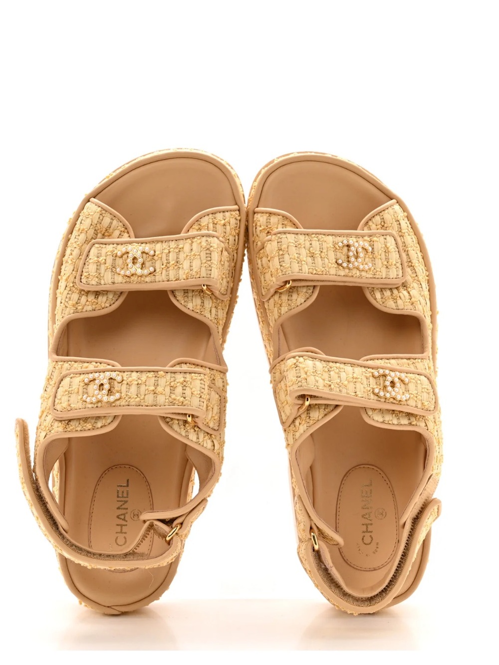 Chanel Authentic Raffia Pearl Velcro Dad Sandals Size 41